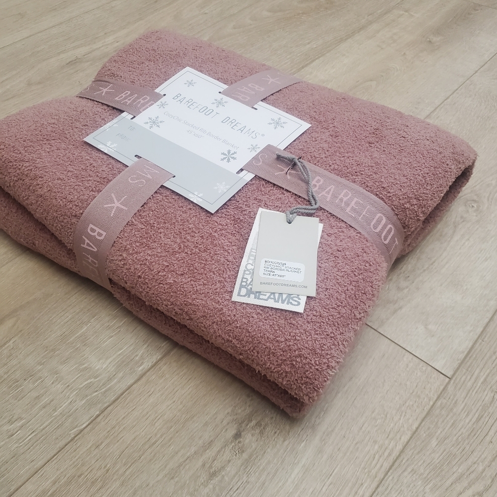 Barefoot Dreams CozyChic Stacked Rib Border Blanket Throw 45" x 60" NEW Pink - Picture 7 of 7